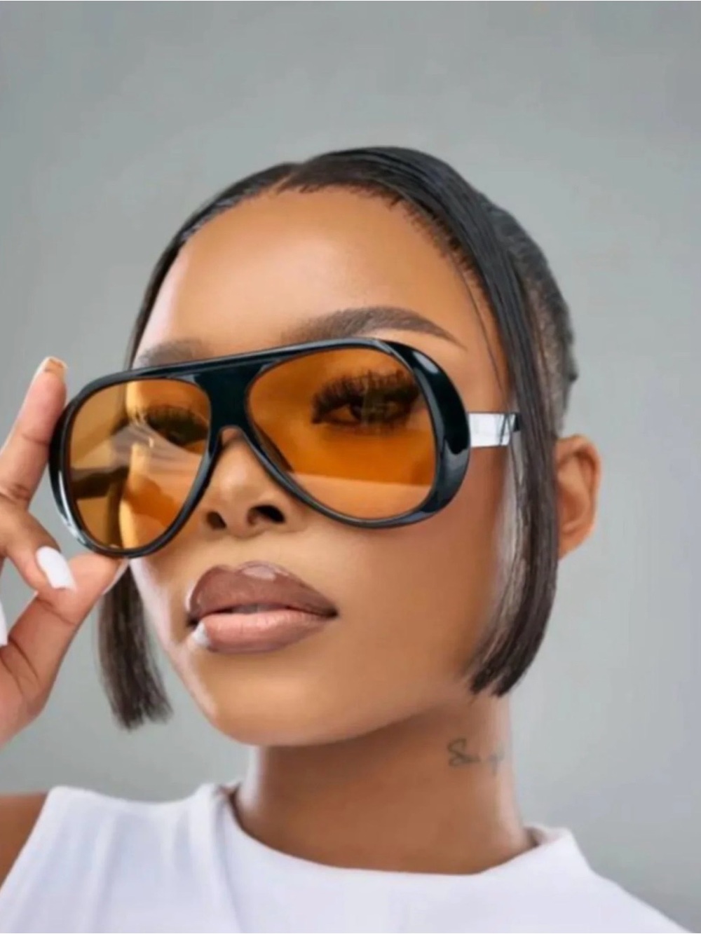 Oversized Black Frame Sunglasses with Amber Lenses - Women